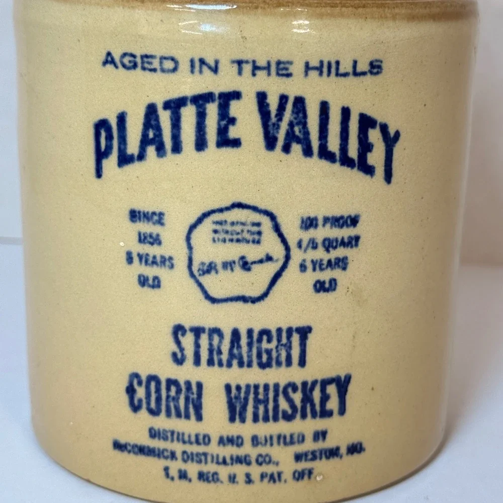 Vtg McCormick Platte Valley Straight Corn Whiskey Stoneware Jug 4/5 Quart *EMPTY